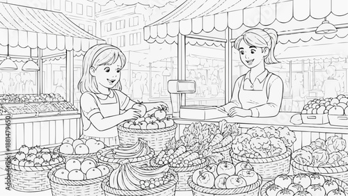Children's coloring book - Young girl shopping for fruits at outdoor market with vendor  