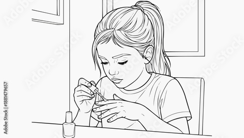 Children's coloring book - A young girl learns to paint her nails while sitting at a table indoors  