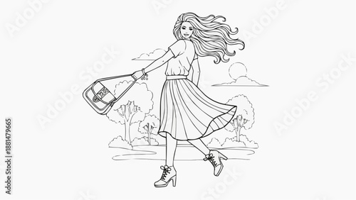 Children's coloring book - Young woman walking joyfully in skirt with handbag outdoors  