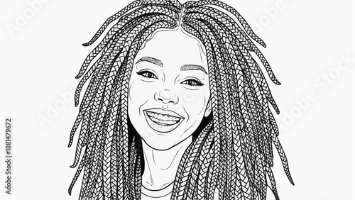 Children's coloring book - a young woman with multiple pigtails