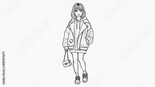Children's coloring book - Young woman in casual outfit walking while holding handbag  