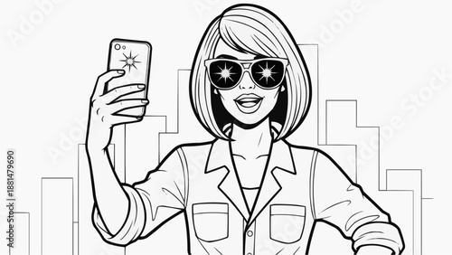 Children's coloring book - Stylish young woman takes a selfie on her smartphone in the urban landscape