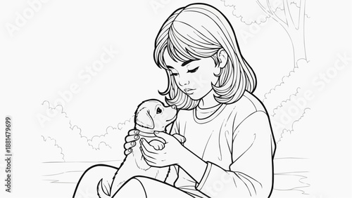 Children's coloring book - The girl found the puppy on the street and holds him tenderly in her arms.