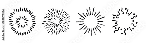 Crayon doodle confetti set. Black pencil hand drawn firework symbol. Chalk birthday firecracker and confetti. Crayon graphic design element. Vector illustration isolated on white background.