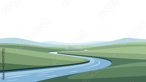 Winding River Through Green Hills Landscape Illustration