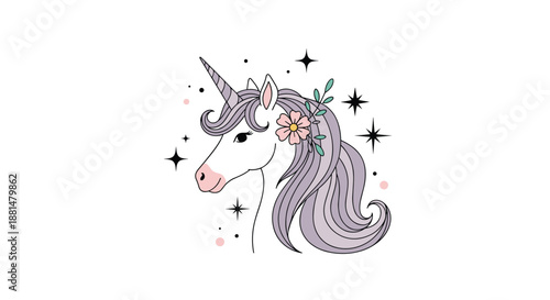 Elegant unicorn head illustration with a soft purple mane, a pink flower crown, and sparkling stars on a white background.