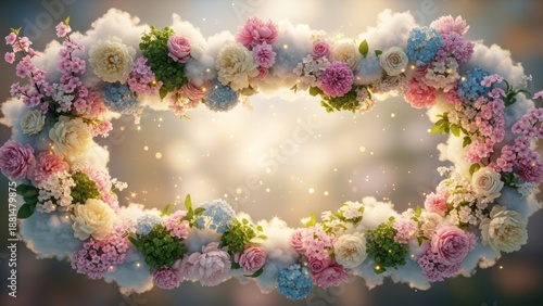 Floral cloud frame with blossoms and sunlight