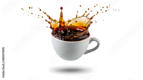 hot coffee splashing out of cup in dynamic motion, energetic caffeine drink concept, rich brown liquid action, creative beverage photography, isolated studio background