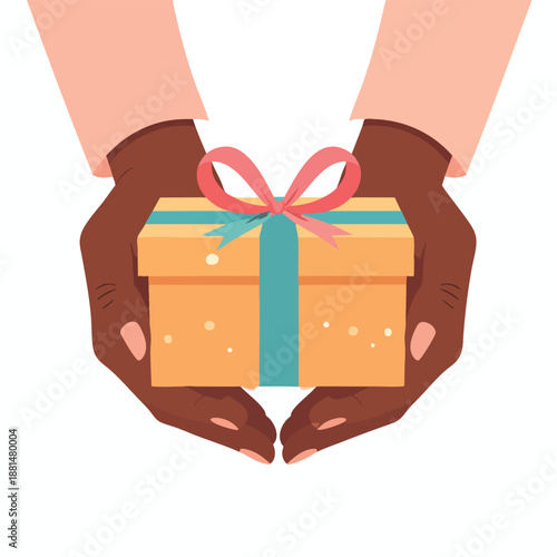 Two hands holding a gift box with a ribbon, symbolizing giving and generosity