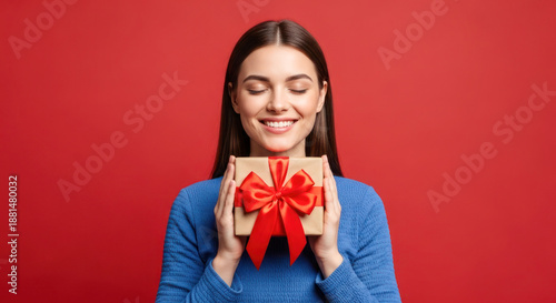 Smiling woman holding a beautifully wrapped gift box with a red ribbon against a vibrant red background, celebrating the joy of giving