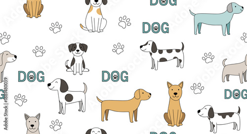 Seamless pattern featuring various cute cartoon dogs of different breeds with paw prints and the word dog on a white background.