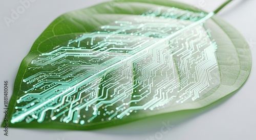 Green leaf with glowing circuit board design on white background