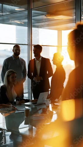 Silhouetted colleagues in modern office during sunset meeting