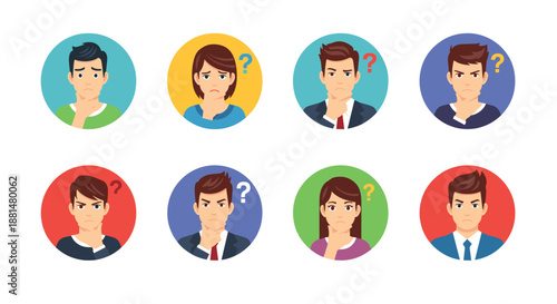 Collection of diverse male and female character avatars showing confused and thoughtful expressions with colorful question marks.