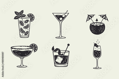 Vintage Hand Drawn Cocktail Collection: Set of Six Iconic Alcoholic Beverage Illustrations