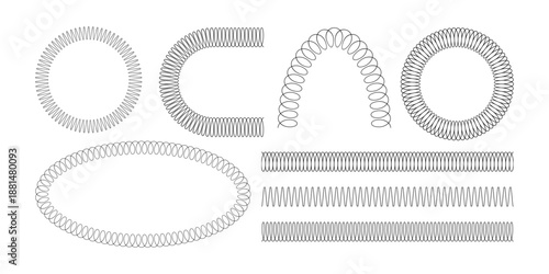 Spiral spring set. Metal wire coil spring icon collection. Thin zigzag waves symbol. Flexible coil shapes. Loop line pattern. Vector illustration isolated on white background. 