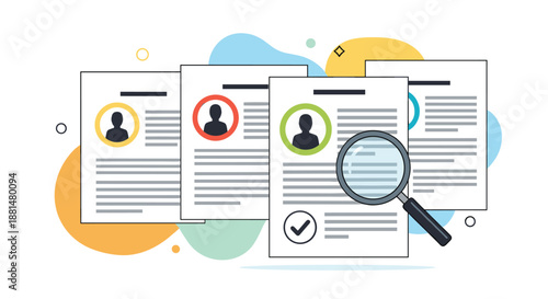 Professional human resources concept showing a magnifying glass reviewing multiple resumes and curriculum vitae job documents.