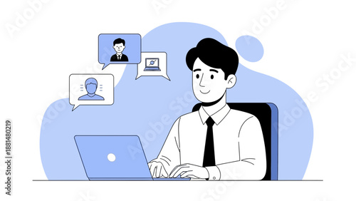 Man working on laptop, virtual communication, online meeting, business concept