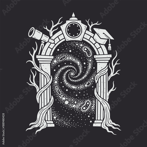 Gateway to Scientific Knowledge and Universal Discovery Hand Drawn Illustration