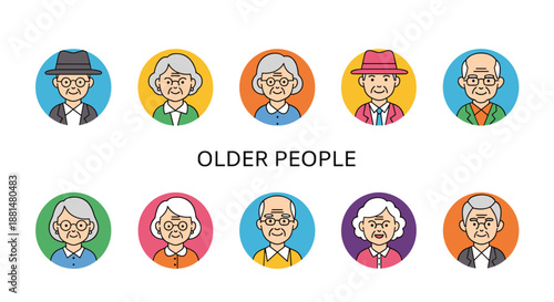 Set of diverse elderly people avatars in colorful circles with the title older people in the center for social media or apps.