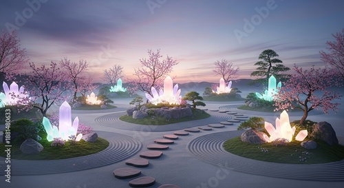 Serene crystal garden at dusk with cherry blossoms and winding path