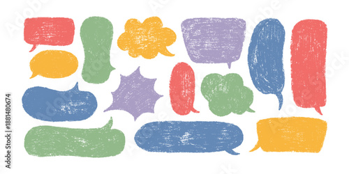 Crayon speech bubble set. Color doodle text frames. Hand drawn pastel comic dialog box. Chalk texture speech bubble. Chat balloon. Cloud shape. Vector illustration isolated on white background.