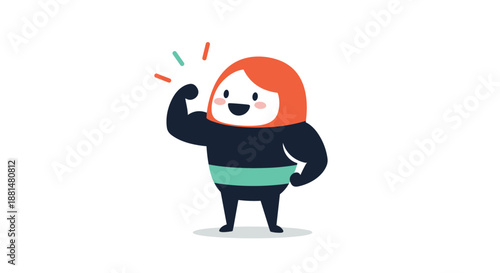 Strong cartoon character with bright orange hair showing off a powerful muscular bicep while smiling in a simple flat style.