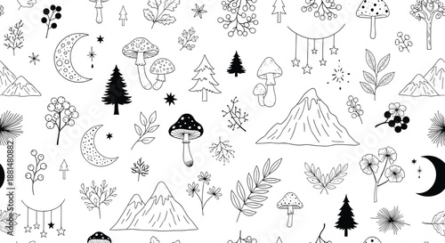 Mystical seamless pattern of nature elements including mushrooms mountains pine trees moons and plants in black and white.