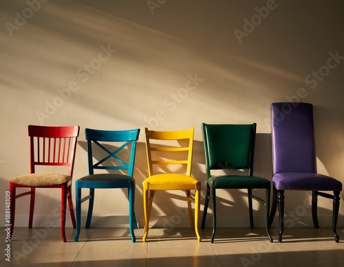 Five colorful chairs in a row, bathed in warm, slanted sunlight