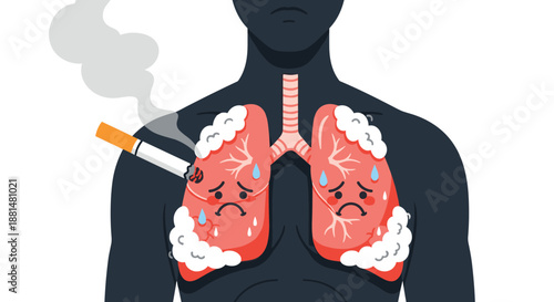 Health awareness illustration of a human silhouette with sad lungs being damaged by smoke from a lit cigarette on the side.