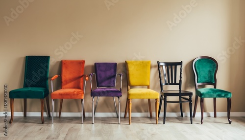 Colorful chairs line up against a neutral wall and light-colored floor
