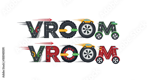 Creative typography design for the word vroom featuring car tires roads and arrows in a colorful and dynamic motion style.