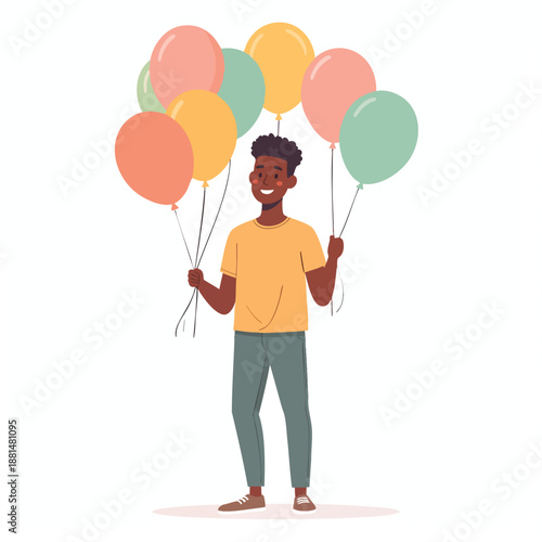 A young man holding colorful balloons on a string, standing in a joyful pose with a bright smile.