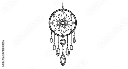 Detailed black and white line art of a dreamcatcher with a geometric star pattern and hanging feathers for a coloring page.