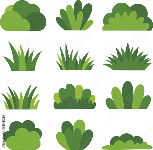 Stylized Garden Bush and Grass Icons, Greenery and Shrubbery Vector Collection, vector, illustration, silhouette