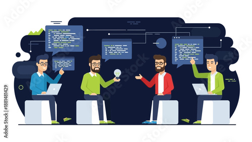 Teamwork and Innovation: Business Meeting with Ideas and Coding