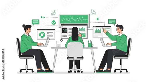Teamwork data analysis, business meeting, charts, graphs, laptops, office environment