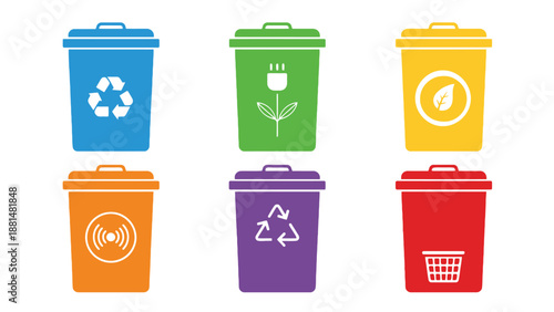 A colorful illustration of recycling bins for different types of waste