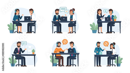 Business People Working at Desks with Laptops.