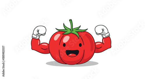 Healthy food and fitness concept featuring a happy red tomato cartoon character showing off strong muscular arms with boxing gloves.