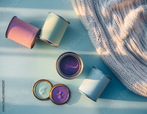 Pastel paint cans with open lids, next to a knit blanket, on a light blue surface