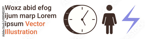 Time management, gender equality, energy concepts, efficiency, empowerment, productivity. Circular clock, female figure lightning bolt on white background. Time management and gender equality