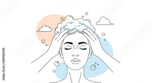 Minimalist line art illustration of a woman washing her hair with white soap suds and bubbles against an abstract background.