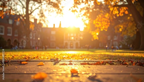 Golden Hour on Campus - Autumn Leaves and Warm Sunlight.