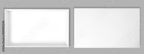 Open white box top view mockup. Gift package with realistic shadow inside. 3d mystery cardboard container and empty paper cover lid front perspective. Vector above mock up isolated on background