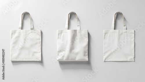 Three blank, white tote bags arranged against a light-grey, seamless backdrop