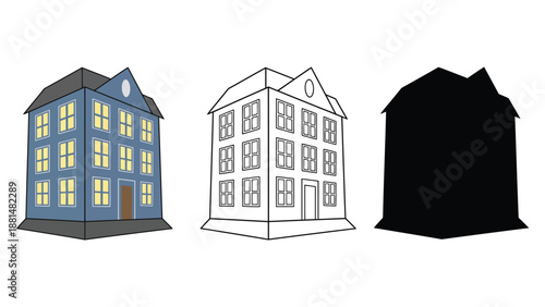 A colorful illustration of a house in different stages of design and completion