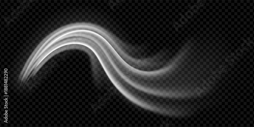 White wind wave with fresh air breeze and cool flow on black background. Clean stream motion with realistic texture and speed effect trail. Isolated png vector for room conditioner with 3d display