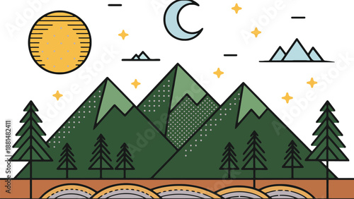 A serene mountain landscape with trees and a sunny sky at dusk