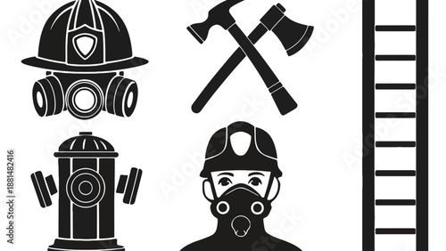 A collection of firefighter equipment and tools on a white background